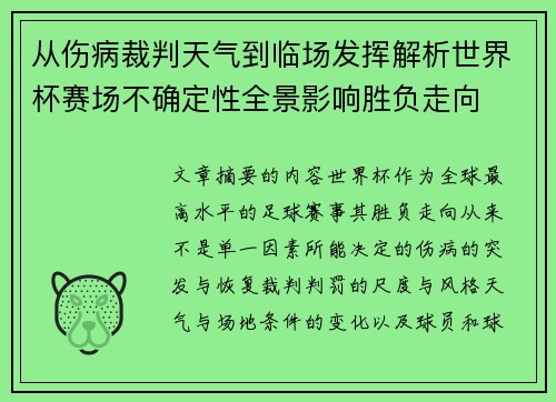 从伤病裁判天气到临场发挥解析世界杯赛场不确定性全景影响胜负走向